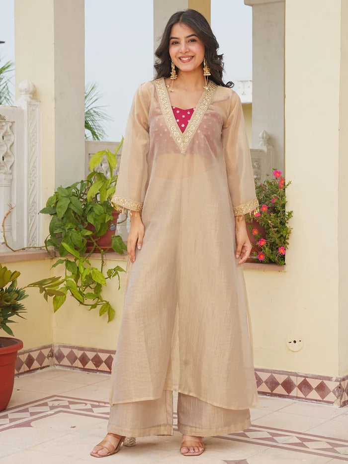 Golden Tissue 3-Piece Kurta Set with Lace Work