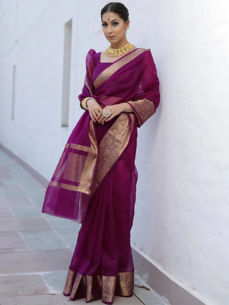 Premium Wine Organza Silk Saree with Elegant Golden Woven Border