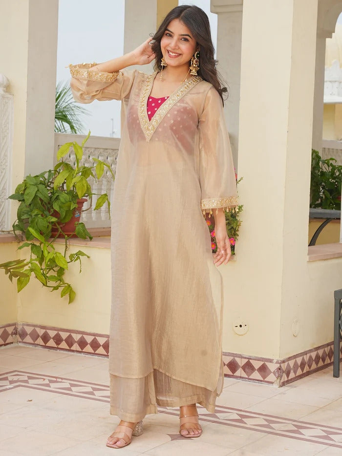 Golden Tissue 3-Piece Kurta Set with Lace Work
