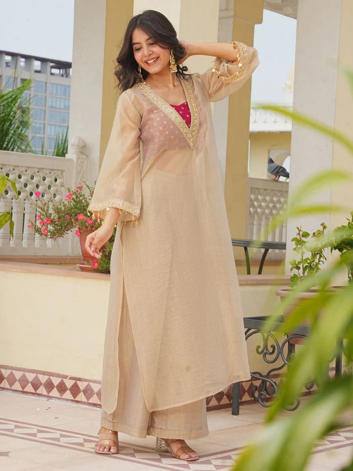 Golden Tissue 3-Piece Kurta Set with Lace Work