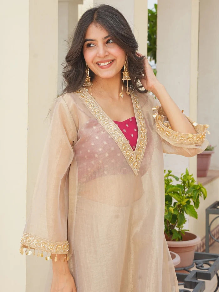 Golden Tissue 3-Piece Kurta Set with Lace Work