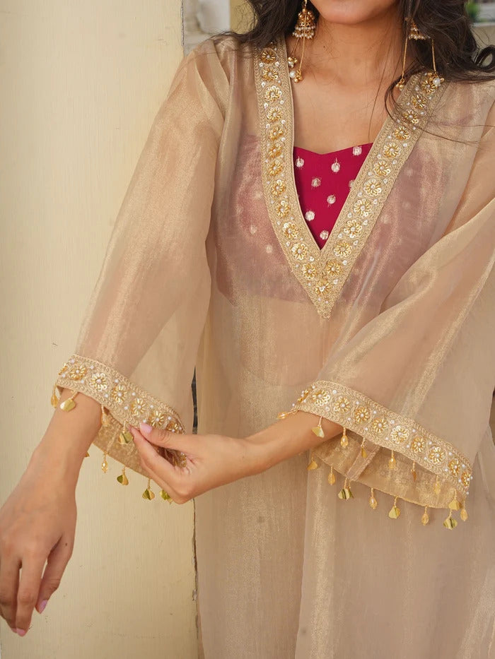 Golden Tissue 3-Piece Kurta Set with Lace Work