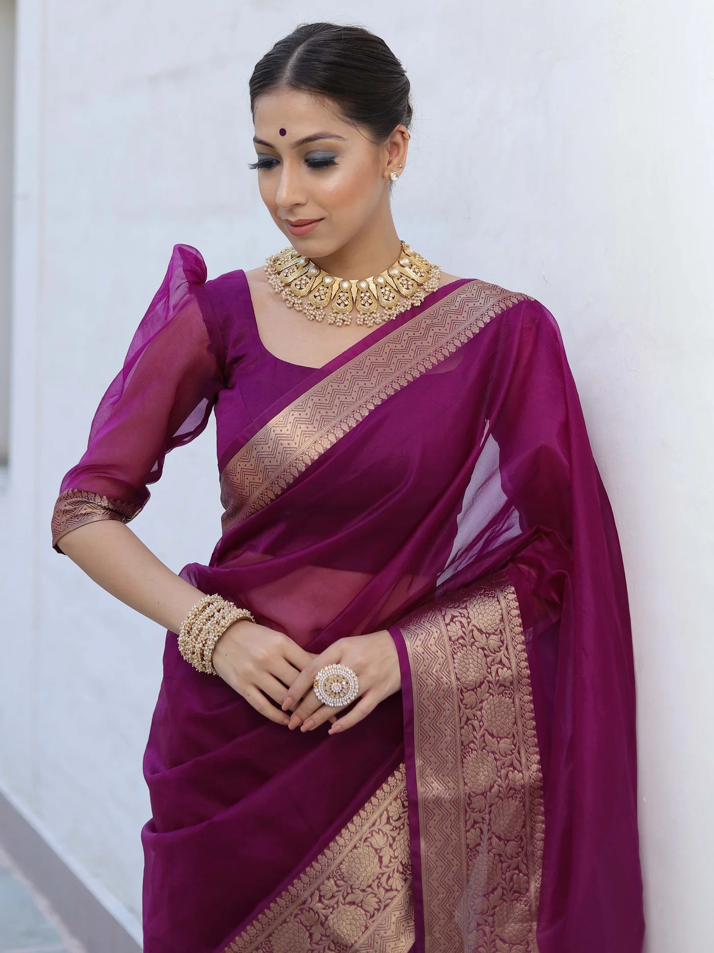 Premium Wine Organza Silk Saree with Elegant Golden Woven Border