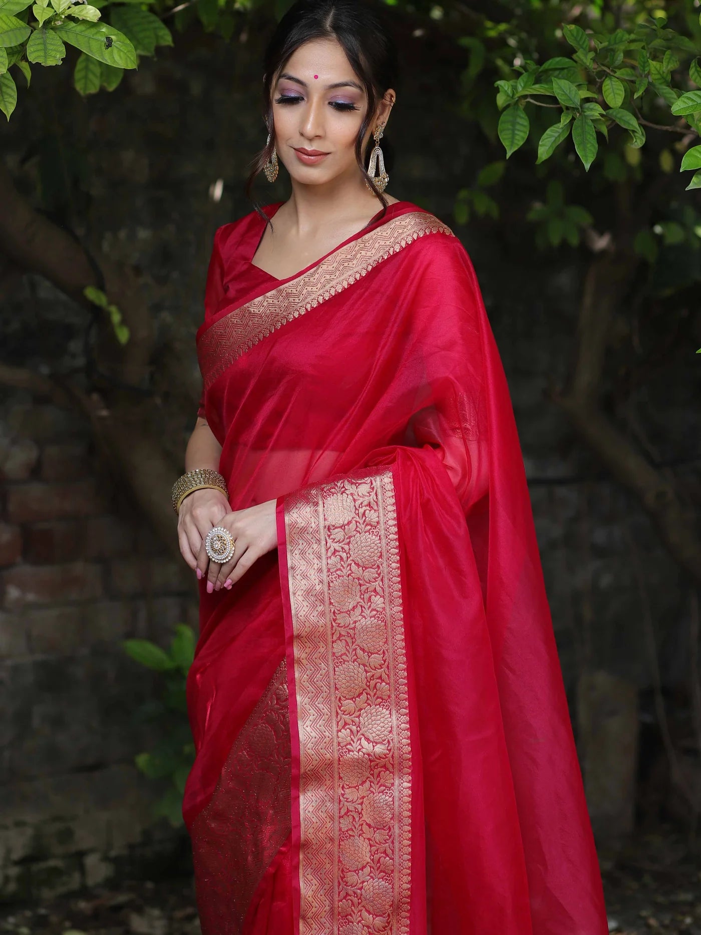Premium Red Organza Silk Saree with Elegant Golden Woven Border