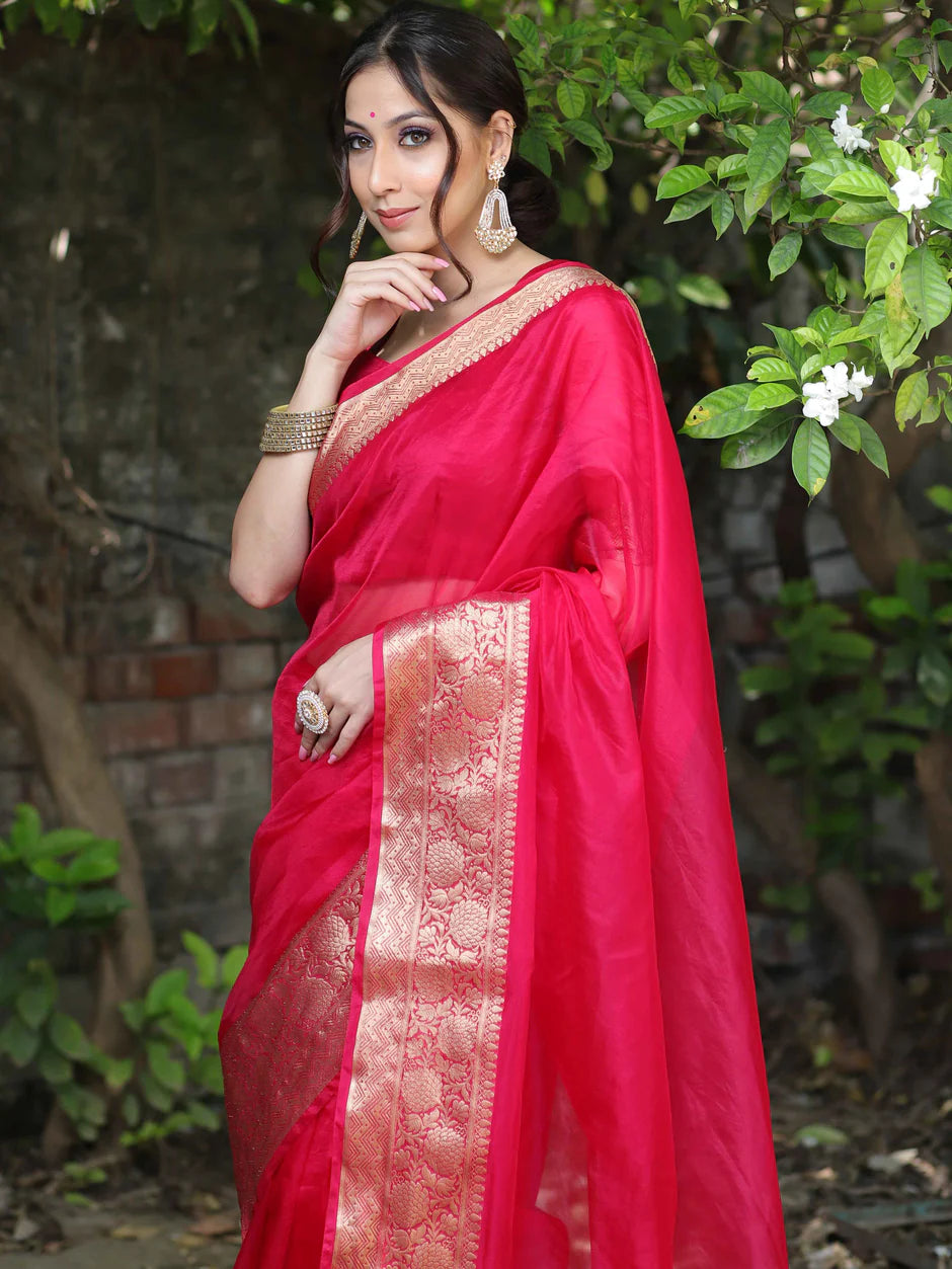 Premium Red Organza Silk Saree with Elegant Golden Woven Border