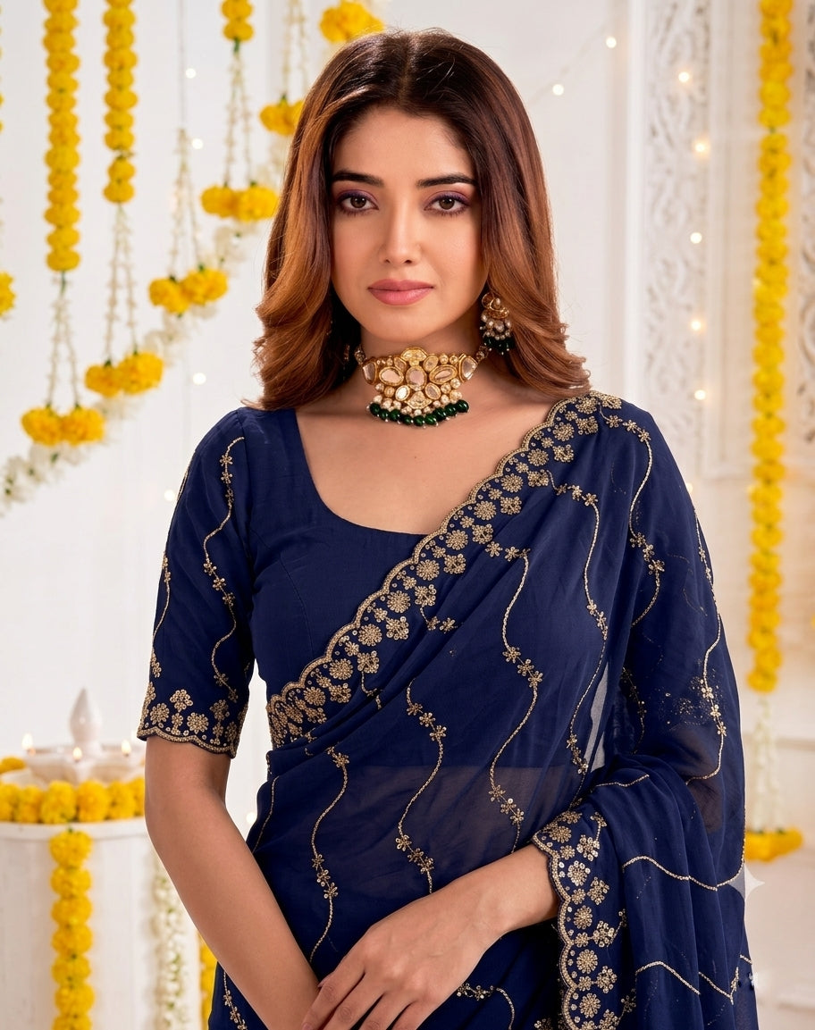 Designer Mustard Blue Party Wear Georgette Saree with Sequin Embroidery