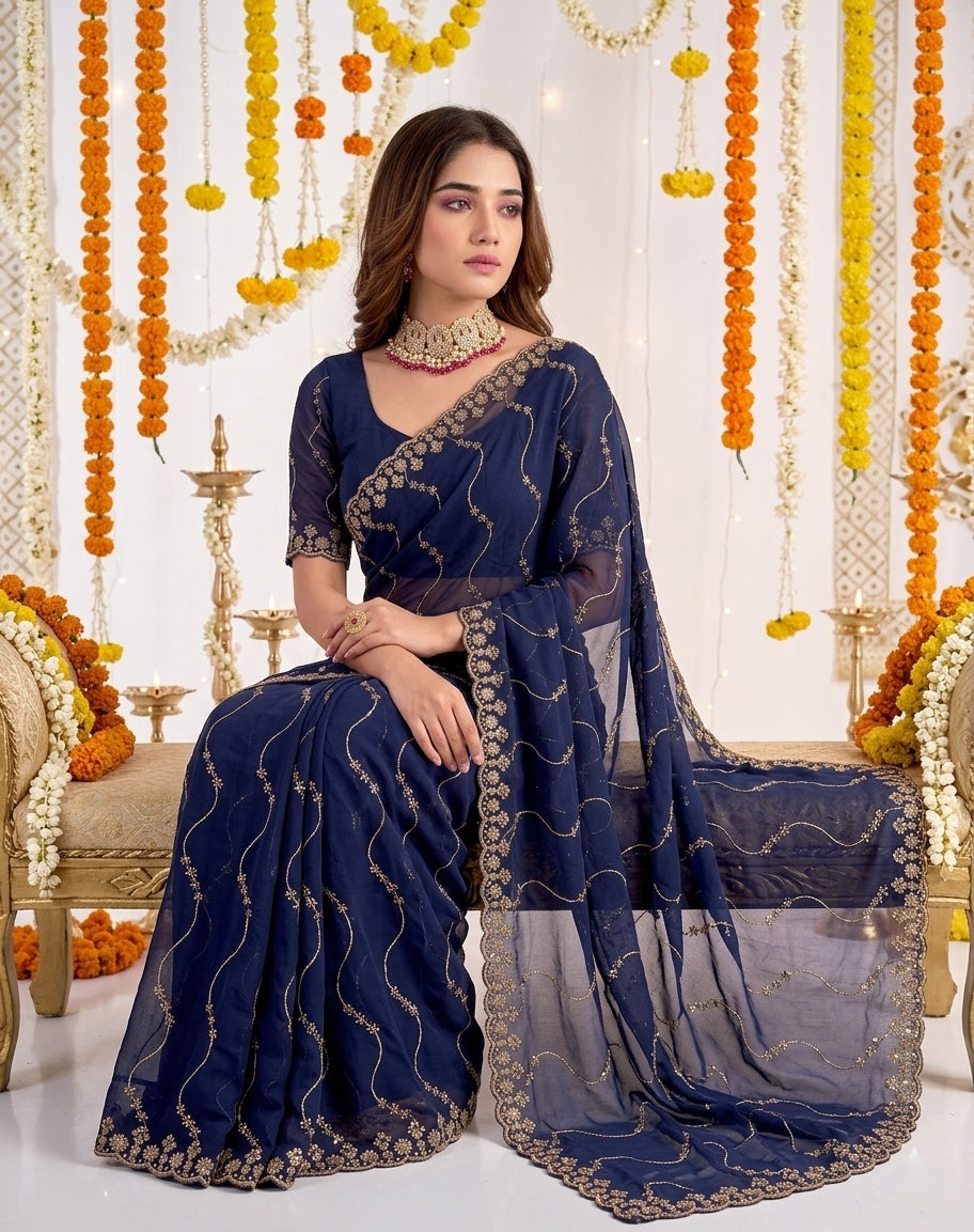 Designer Mustard Blue Party Wear Georgette Saree with Sequin Embroidery