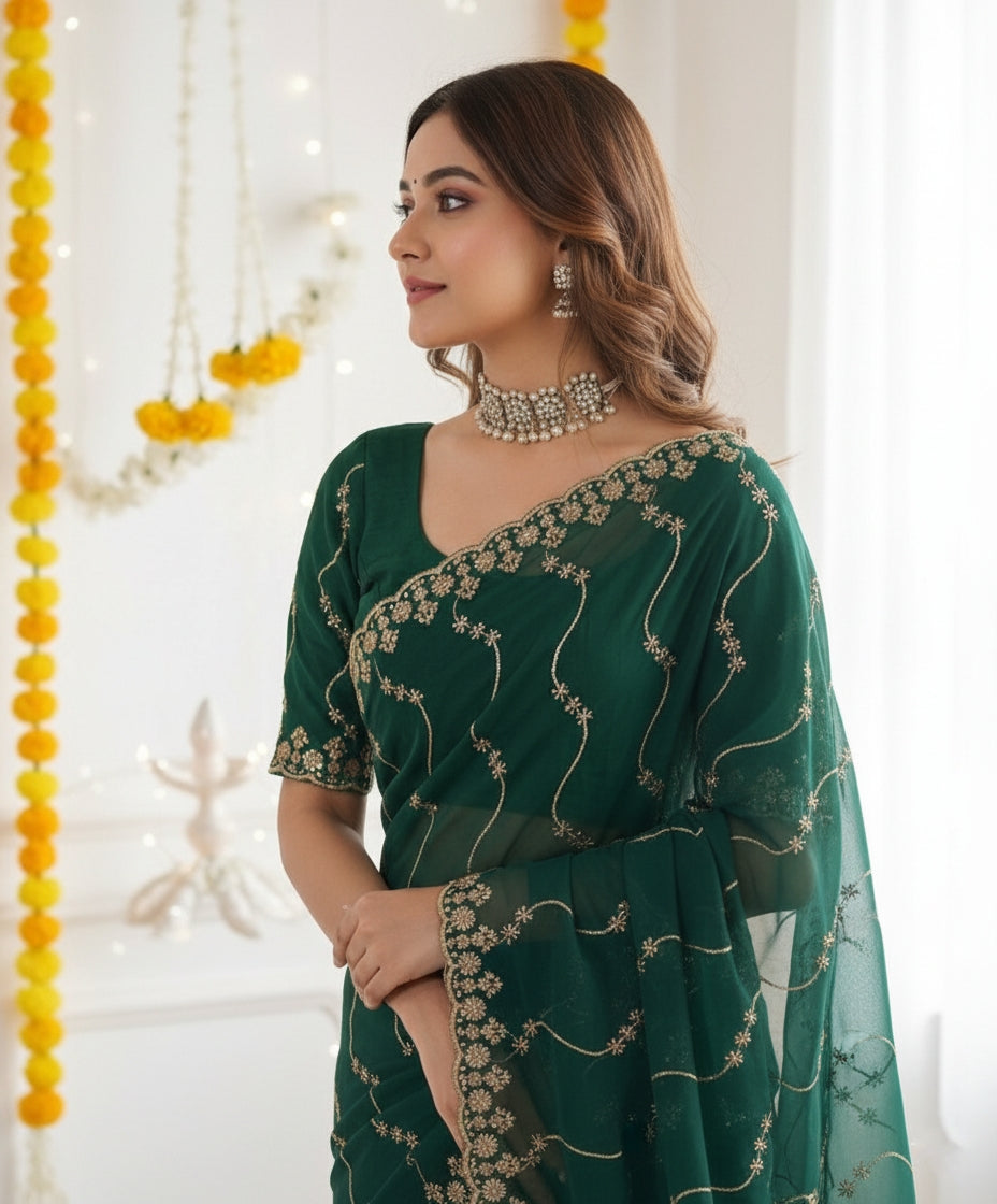 Designer Mustard  Green Party Wear Georgette Saree with Sequin Embroidery