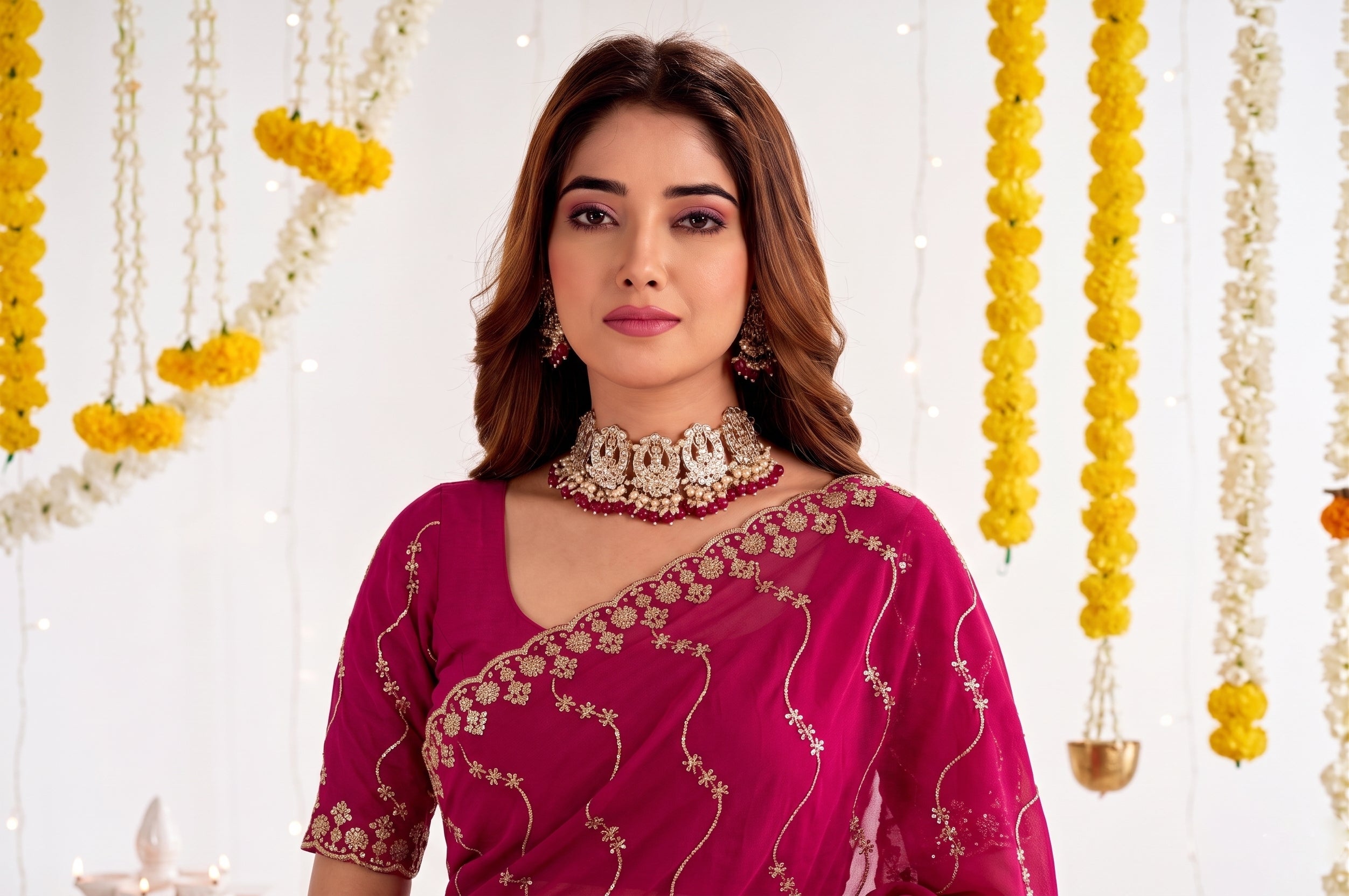 Designer Mustard Rani Pink Party Wear Georgette Saree with Sequin Embroidery (Copy)