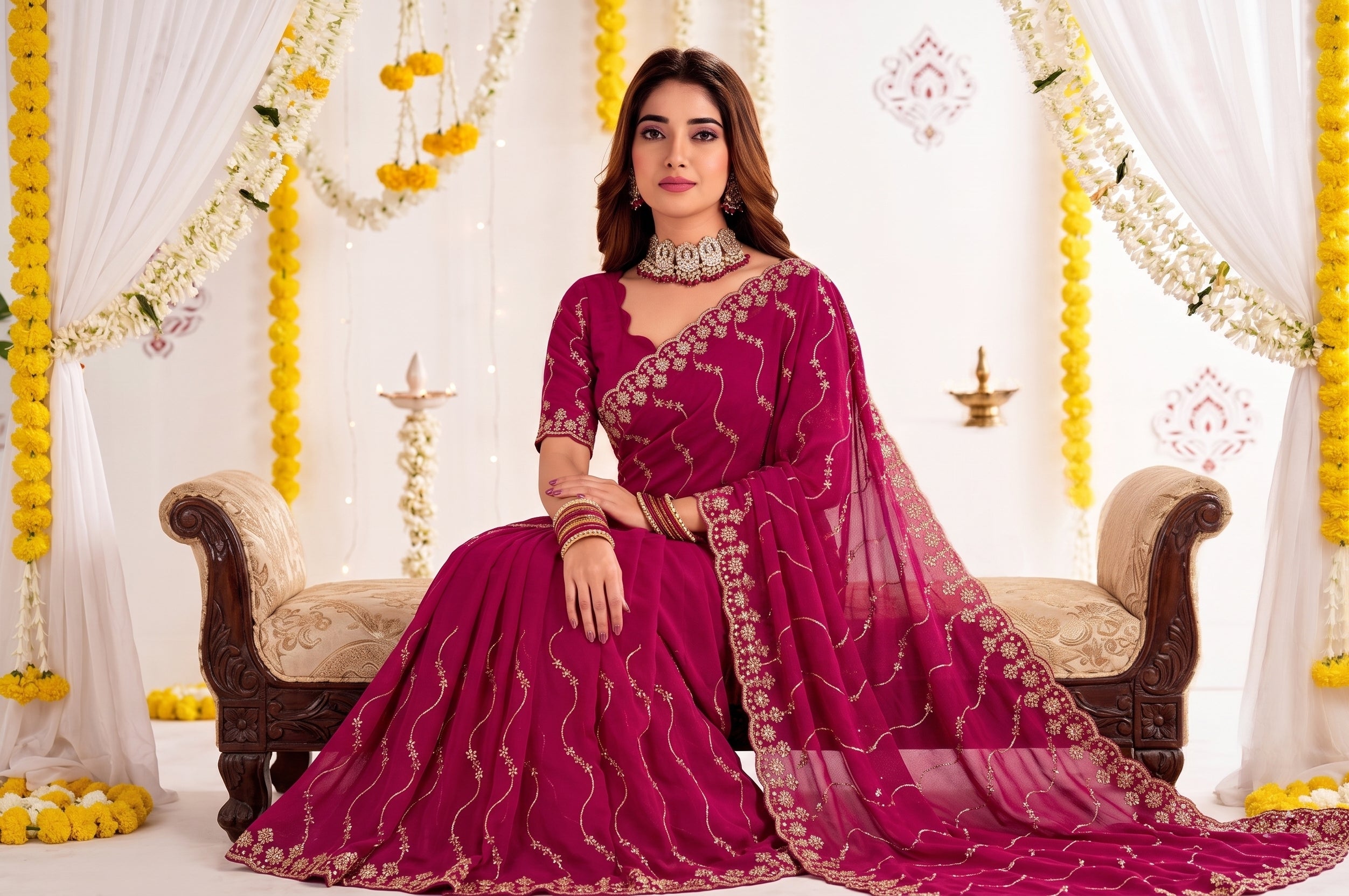 Designer Mustard Rani Pink Party Wear Georgette Saree with Sequin Embroidery (Copy)