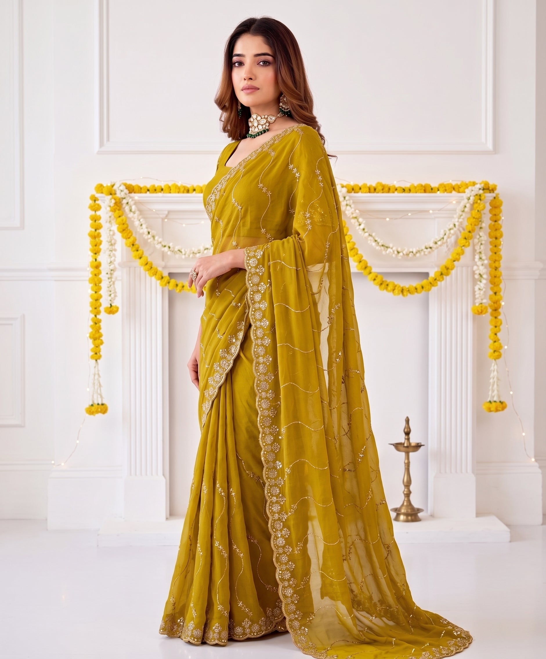 Designer Mustard  Yellow Party Wear Georgette Saree with Sequin Embroidery