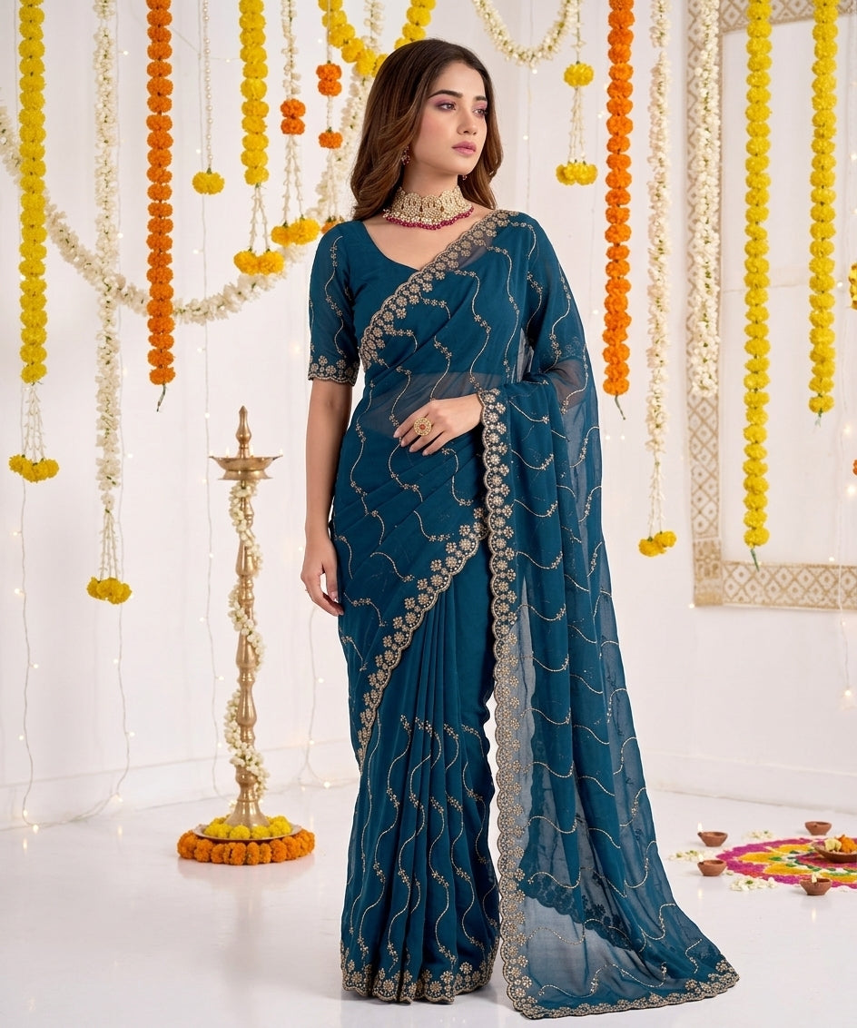 Designer Mustard  Teal Party Wear Georgette Saree with Sequin Embroidery