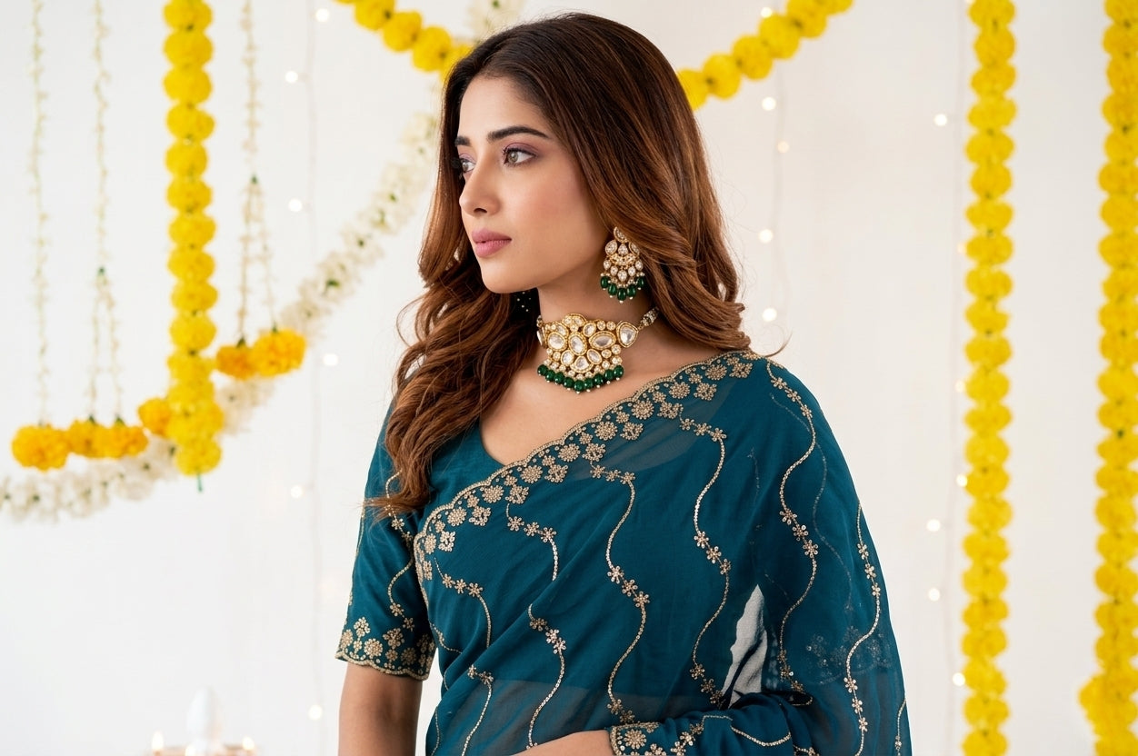 Designer Mustard Teal Blue Party Wear Georgette Saree with Sequin Embroidery (Copy) (Copy)